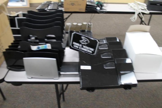 Group of Misc. Office Organizer Trays, Supplies, File Folder Wall Pockets and Security Camera Sign