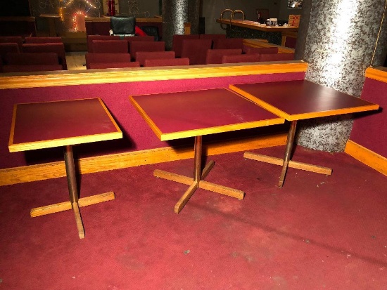 Lot of 3 Restaurant Tables, (1) 30" x 24", (2) 36" x 36", Iron Base, Formica Top w/ Wood Trim