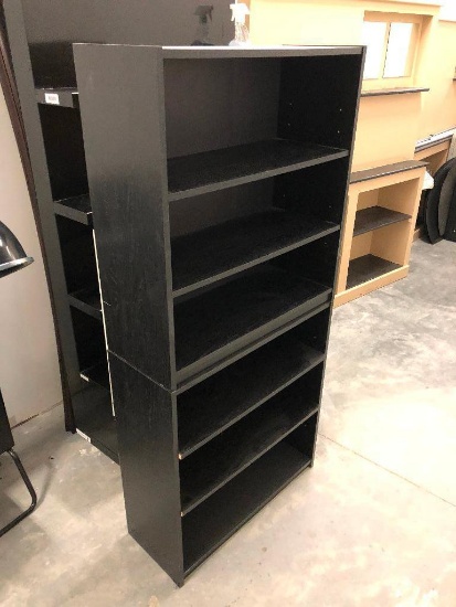 Lot of 2 Bookcases, Stacked, Particle Board, 29" x 32" x 12"