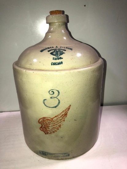 1883 Groomes & Ullrich Chicago Wine / Liquor Store 3 Gallon Red Wing Stoneware Crock Jug, Large Wing