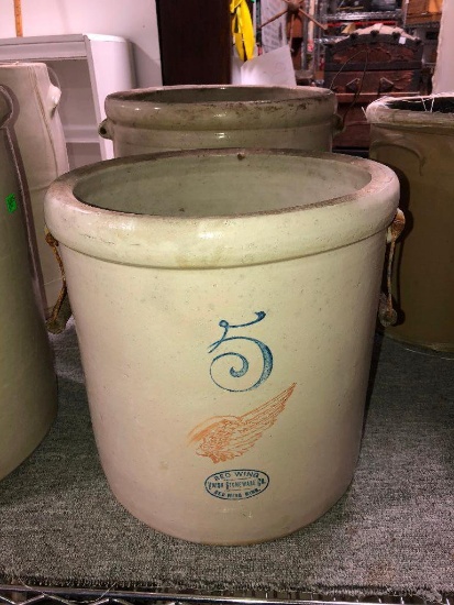 5 Gallon Red Wing Stoneware Crock Patented Dec. 21st 1915, Large Wing