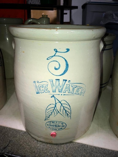 5 Gallon Union Stoneware Ice Water Jug, Red Wing, Minn. Double Birch Leaf