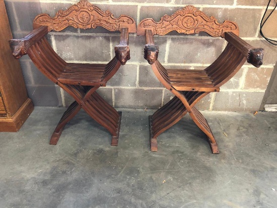 Carved Lion and Carved Wood Matching Slat Chairs, Very Unique, Matching Set of Two Chairs