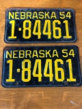 Pair of 1954 Omaha Nebraska License Plates, Matching Set, No. 1-84461 NEBRASKA 54