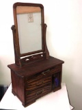 Oriental Antique Miniature Jewelry Box / Dresser, Wood w/ Mirror, Signed, 23.5