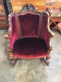 Ornate Carved Wood and Upholstered Fabric Victorian Rocking Chair, 36