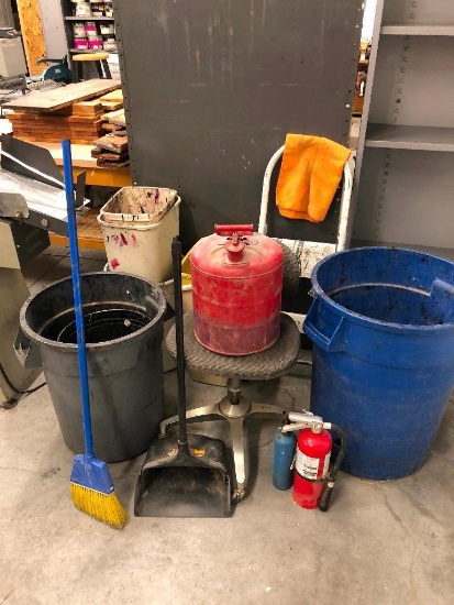 Group: Broom, Dustpan, Fire Extinguisher, 5 Trash Cans, Chair, Fuel Can, Step Stool