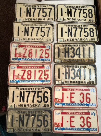 Vintage Nebraska License Plates, 6 Sets, 1969 & 1976