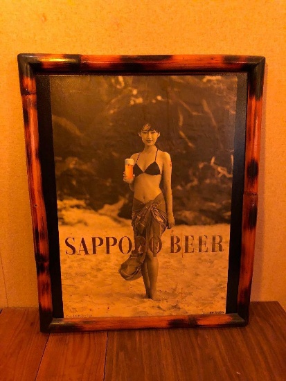 Framed Sapporo Beer Advertisement w/ Polynesian Womann Drinking Beer, From Mai Tai Lounge