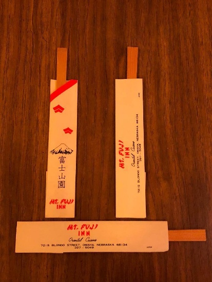 Set of 3 Original Chop Stix from Mt Fuji Inn Omaha, NE w/ Original Logo Sleeves