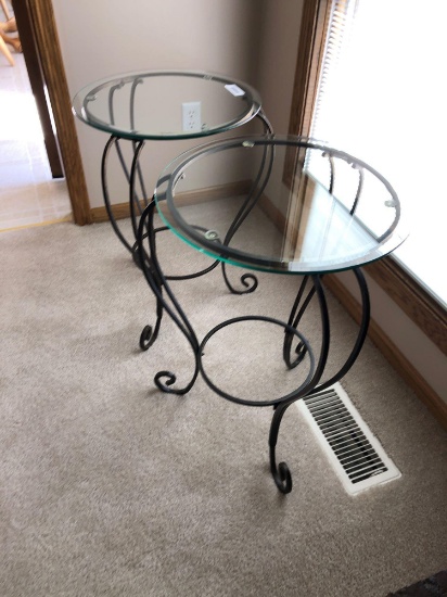 Lot of 2 Glass Top Tables, Iron Base, 24" tall, 17" top