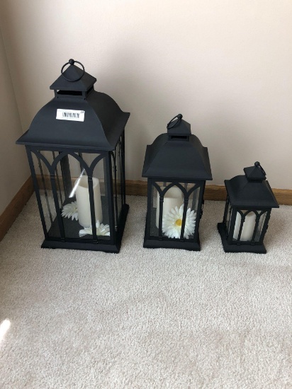 Lot of 3 Metal Lantern Style Candle Holders w/ Glass Windows