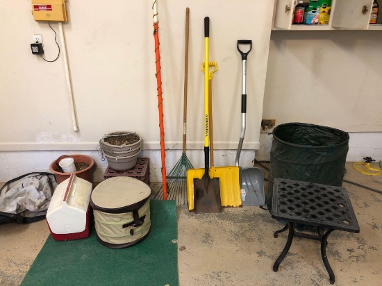 Garden Tools, Coolers, Metal Side Table, Planters