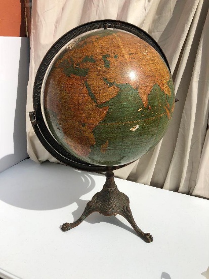 Huge World Globe on Ornate Iron Base, Approx. 31" Tall