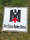 Original WWII German Military Red Cross Porcelain Sign Deutfches Rotes Kreuz w/ Swastika, SSP