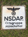 Original WWII German Eagle Porcelain Sign NSDAP Ortsgruppe Munichsthal w/ Swastika, SSP