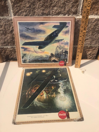 Lot of 2 Coca-Cola WWII Fighter Jet Cardboard Advertisements 13"