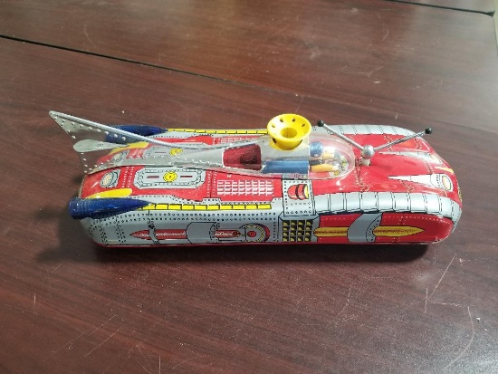 Japan Tin Battery Operated Space Ship w/ Driver, 13" - Clean Battery Box
