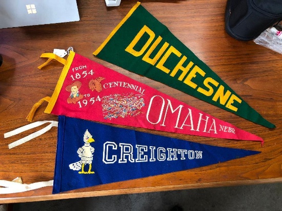 Lot of 3 Omaha Pennants: Creighton, Duchesne, 1954 Omaha Centennial