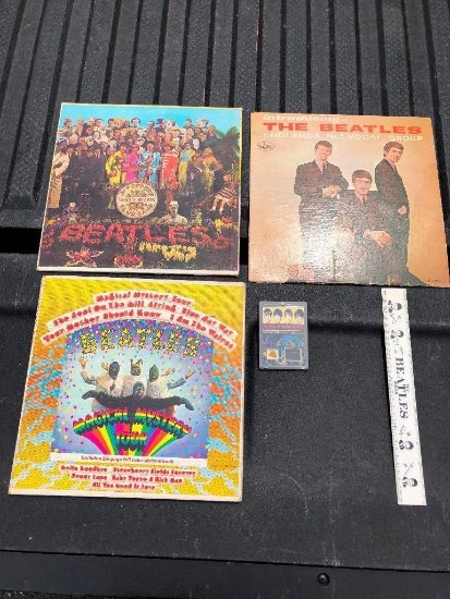 Beatles Lot, 3 Records, Ruler, Souvenir Building Salvage Card