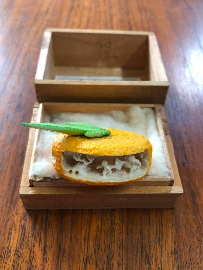 Hand Carved Netsuke Orange Heiwa Trading Co w/ Orig. Box