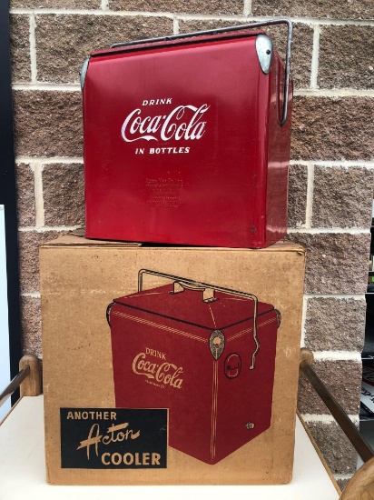 Vintage Metal Coca-Cola Cooler by Acton Mfg w/ Original Box, Tray & Papers