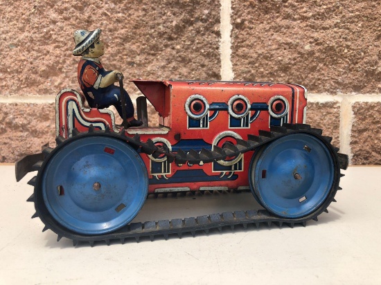 Marx Tin Key Wind No 1 Farm Bulldozer Toy w/ Driver & Tracks