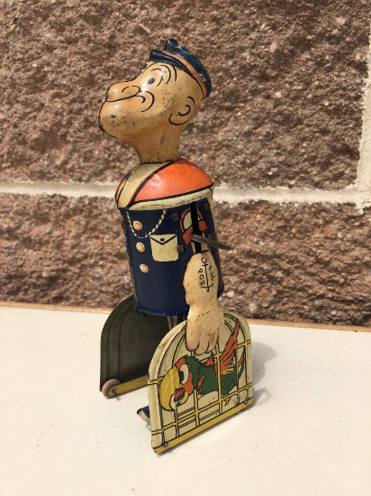 Early Tin Key Wind Popeye Toy, Popeye w/ Parrot & Cage & Pipe