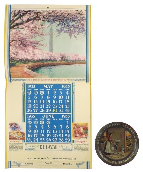 De Laval tip tray & Milford, NEBR 1935 calendar, De Laval Cream Separators, litho on tin