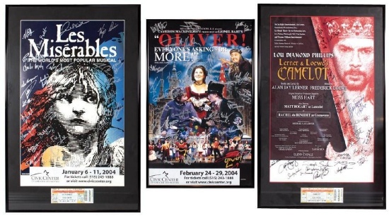 Lot of 3 Cast Signed Theater Posters Framed, Les Miserable s, Camelot, Oliver