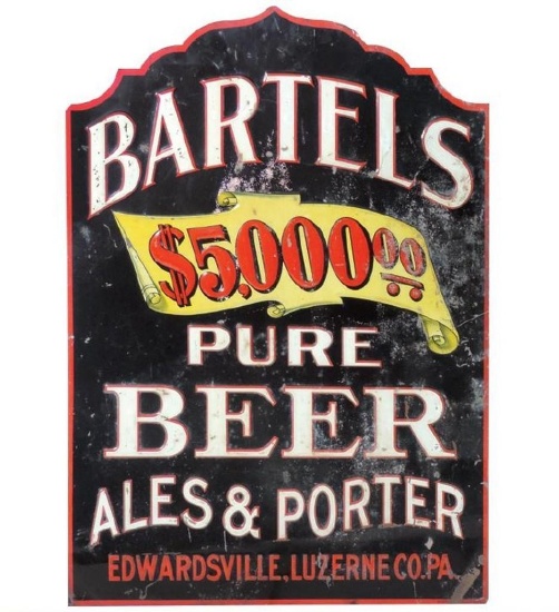 Bartels Pure Beer, embossed diecut metal, Kaufman & Strauss Co.-NY, VG cond 27.5" x 19.5"