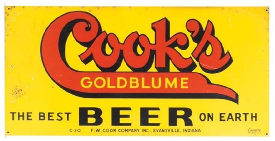 Cook's Goldblume Beer, metal, by Consolite-Fremont, O., VG cond 28" x 14"