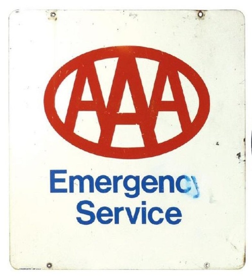 AAA Emergency 2-sided metal sign, one side VG cond, other Good, 26"H x 24"W