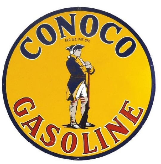 Contemporary Conoco Minuteman Gasoline diecut metal single-sided sign, Exc cond, 25.5"Dia.