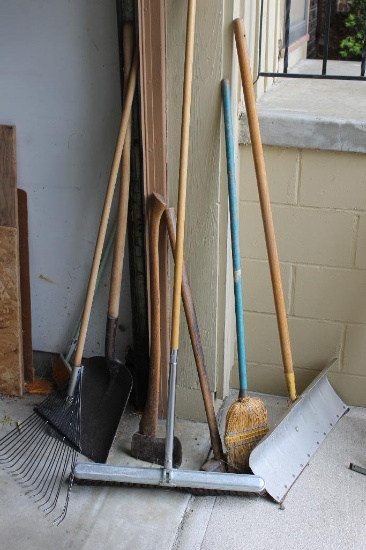 Vintage Push Broom, Rake, Snow Shovel, Broom, Axe
