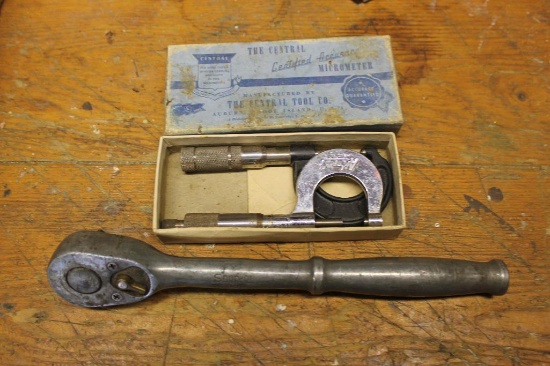 Early Snap-On Ratchet, 2 Vintage Micrometers, 1 w/ Orig. Box