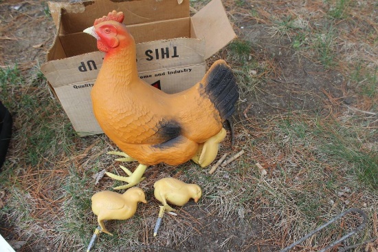 Vintage Plastic Chicken and Chicks w/ Ground Stakes