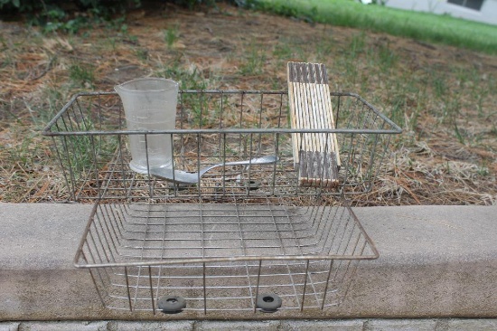 Two Vintage Wire Office In-and-Out Trays, Glass Measuring Cup, U.S. Spoon & Folding Yard Stick