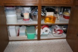 Two Cabients of Kitchen Supplies, Air Popper, Paper Towels, Tupperware, Misc.