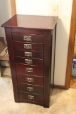 Upright Wooden Jewelry Cabinet w/ Sides that Open, Flip Top w/ Mirror, Many Drawers