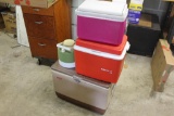 Lot of 3 Coolers, 1 Water Jug