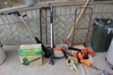 Lot of 9 Garden/Lawn Tools, Blower, Hedgetrimmers, Carts, Trimmer, Tool & Wash Wand