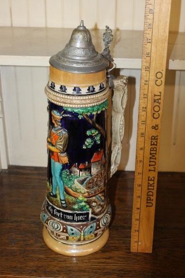 Large Early Germany Beer Stein "Morgen muss iich fort von hier" w/ Girl and Butterflies