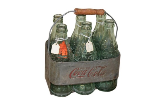 Early Coca-Cola Six Pack Carrier w/ Six Coke Bottles