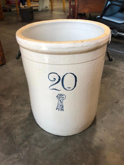 20 Gallon Blue Ribbon Stoneware Crock, Minor Hairline Cracks, See Images for Condition