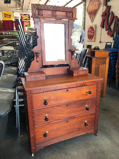 Antique Eastlake Dresser w/ Mirror, 67" High, 39" Wide, 18" Deep w/ 3 Drawers, Mirror & Sock Drawers