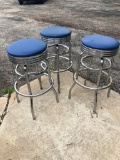 Lot of 3 Retro Chrome Swivel Bar Stools w/ Blue Vinyl Padded Seat