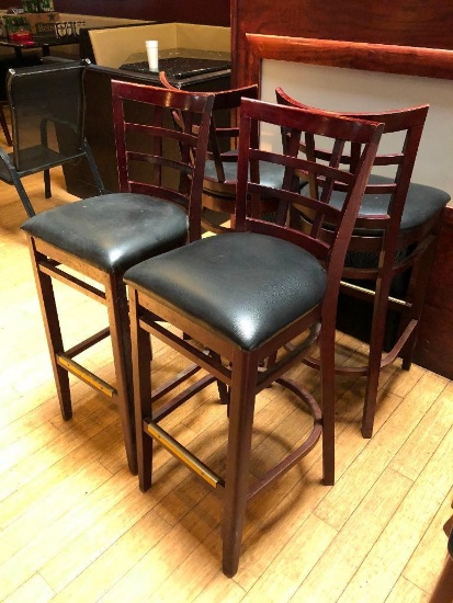 Lot of 4 Pub Chairs by K Furniture, Vinyl Seat Cushions, Wooden Framed, 44" Tall, 31" Seat Height