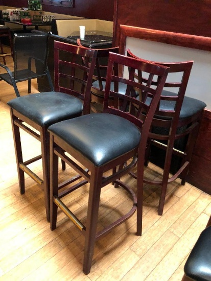 Lot of 4 Pub Chairs by K Furniture, Vinyl Seat Cushions, Wooden Framed, 44" Tall, 31" Seat Height