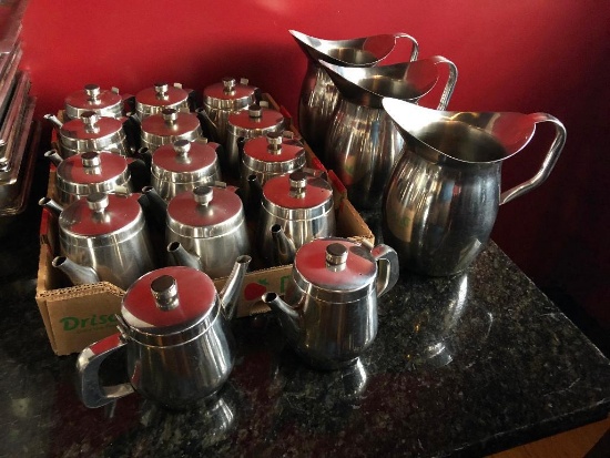 2 Stainless Steel Water Pitchers, 14 SS Tea Pots